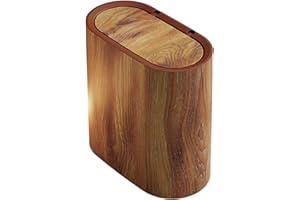 Wood Grain Oval Trash Can with Lid, Narrow Slim Design for Bathroom, Bedroom, and Office, Modern Farmhouse Decorative Waste B