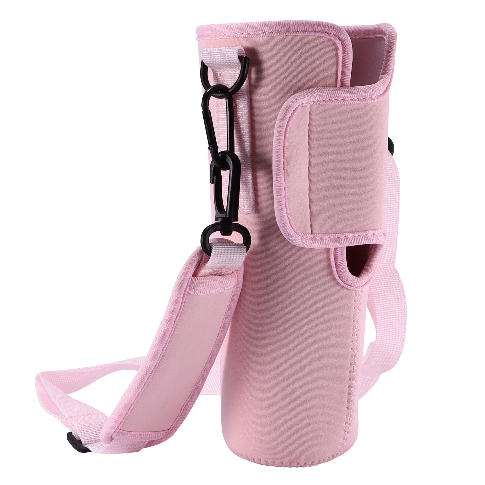 XiangSKY Pink Neoprene Water Bottle Carrier for Stanley 40oz, Adjustable Strap, Front Pocket, Straw Cover