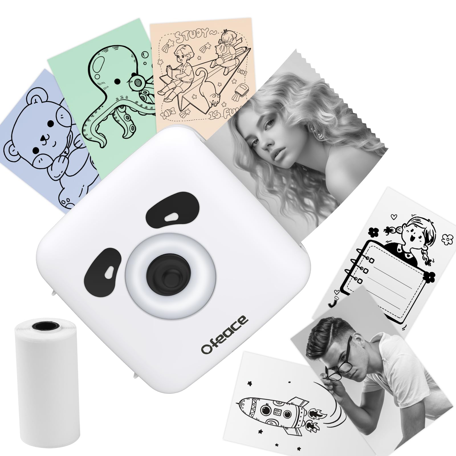Ofeace Portable Thermal Printer, 300DPI Mini High-Resolution, Bluetooth Inkless Photo Compatible With Android/iOS, Wireless for Photo List Note Labels, Design in Panda