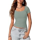 Lynwitkui Womens Scoop Neck Short Sleeve Tops Slim Fit Ribbed Casual Basic T Shirts Tops