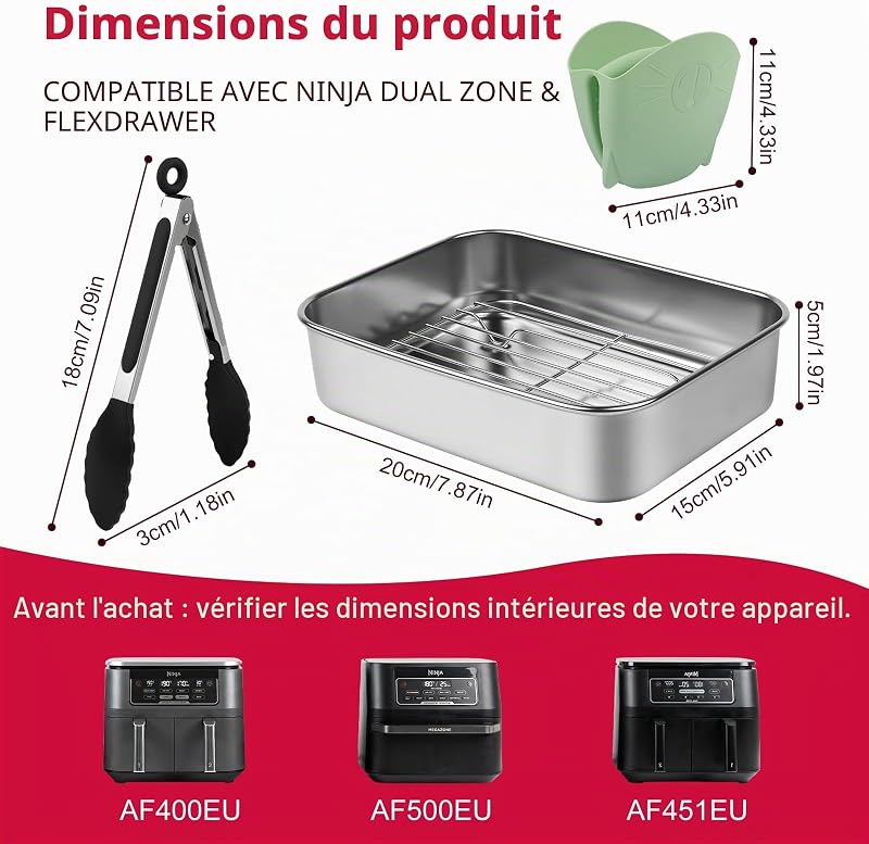 Accessoires air fryer, Compatible avec les modèles Ninja 7,6L/9,5L/10,4L/ AF400EU/AF451EU/AF500EU/DZ400EU,plat à four en acier inoxydable 304, passe au lave-vaisselle