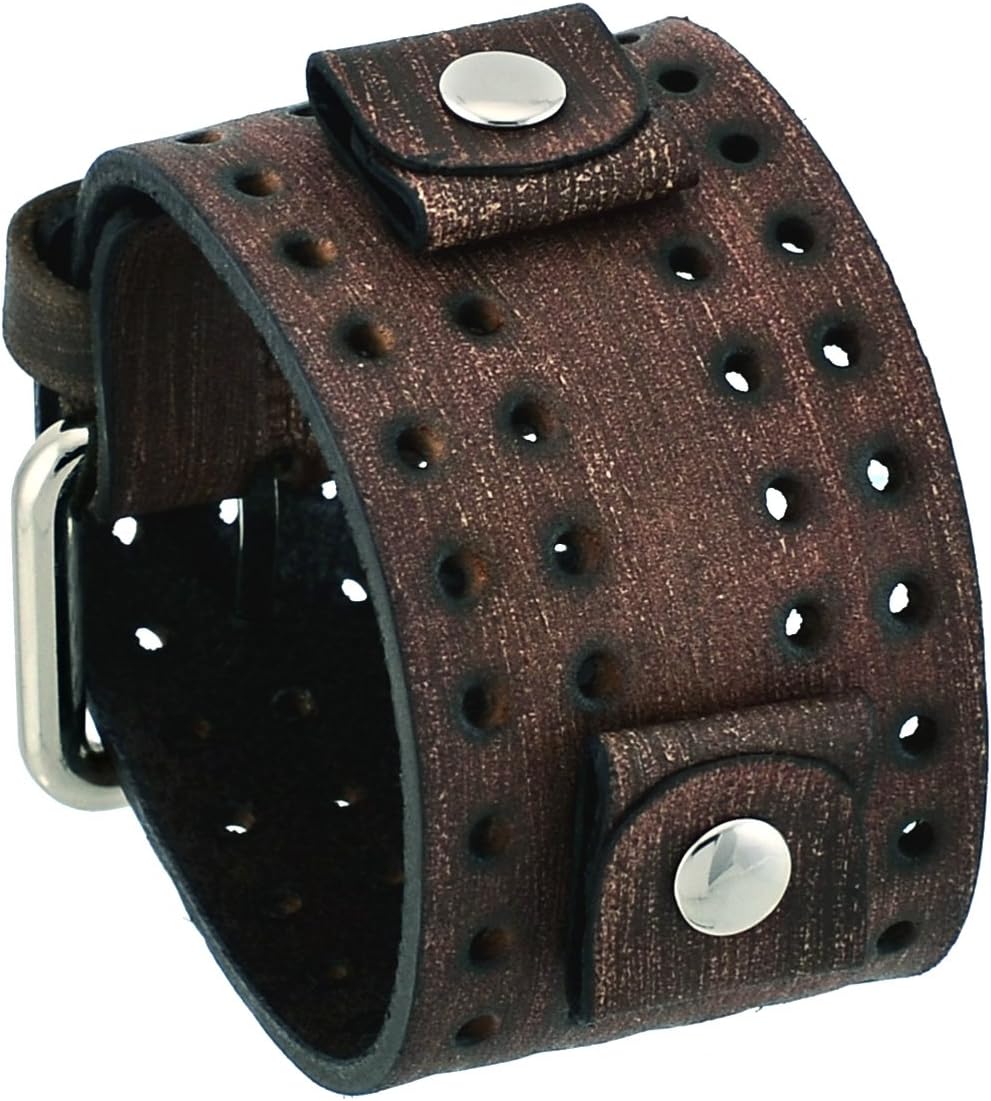 FLH-B 24mm Lug Width Wide Faded Brown Perforated Leather Cuff Watch Band