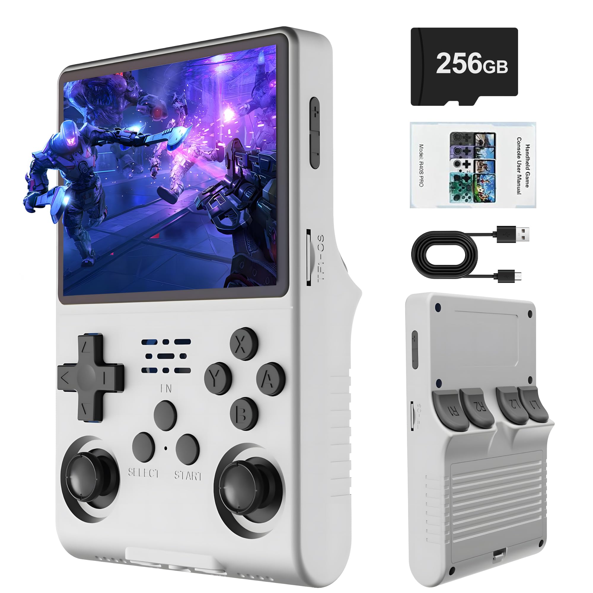 Photo 1 of R40S PRO Retro Gaming Console, 30000+ HD Games Handheld Game Console, 3800mAh Rechargeable Mini Retro Video Console with 256GB TF Card, Portable Pocket Arcade (White)