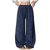Unilexi Womens Wide-Leg Corduroy Pants with Drawstring Elastic Waist Casual Palazzo Pants Loose Fit