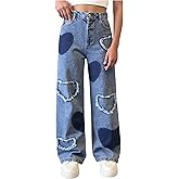 Floerns Girl's Y2k Wide Straight Leg Jeans Elastic Waist Heart Streetwear Baggy Denim Pants