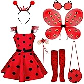 Janmercy 7 Pcs Ladybug Costume Girls Ladybug Dress with Polka Dots Tutu Dress Pretend Halloween Party Gift for Kids 3-8(120 Yard)