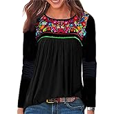 Melliflo Long Sleeve Mexican Shirts for Women Floral Embroidered Peasant Blouse Ethnic Style Boho T-Shirts