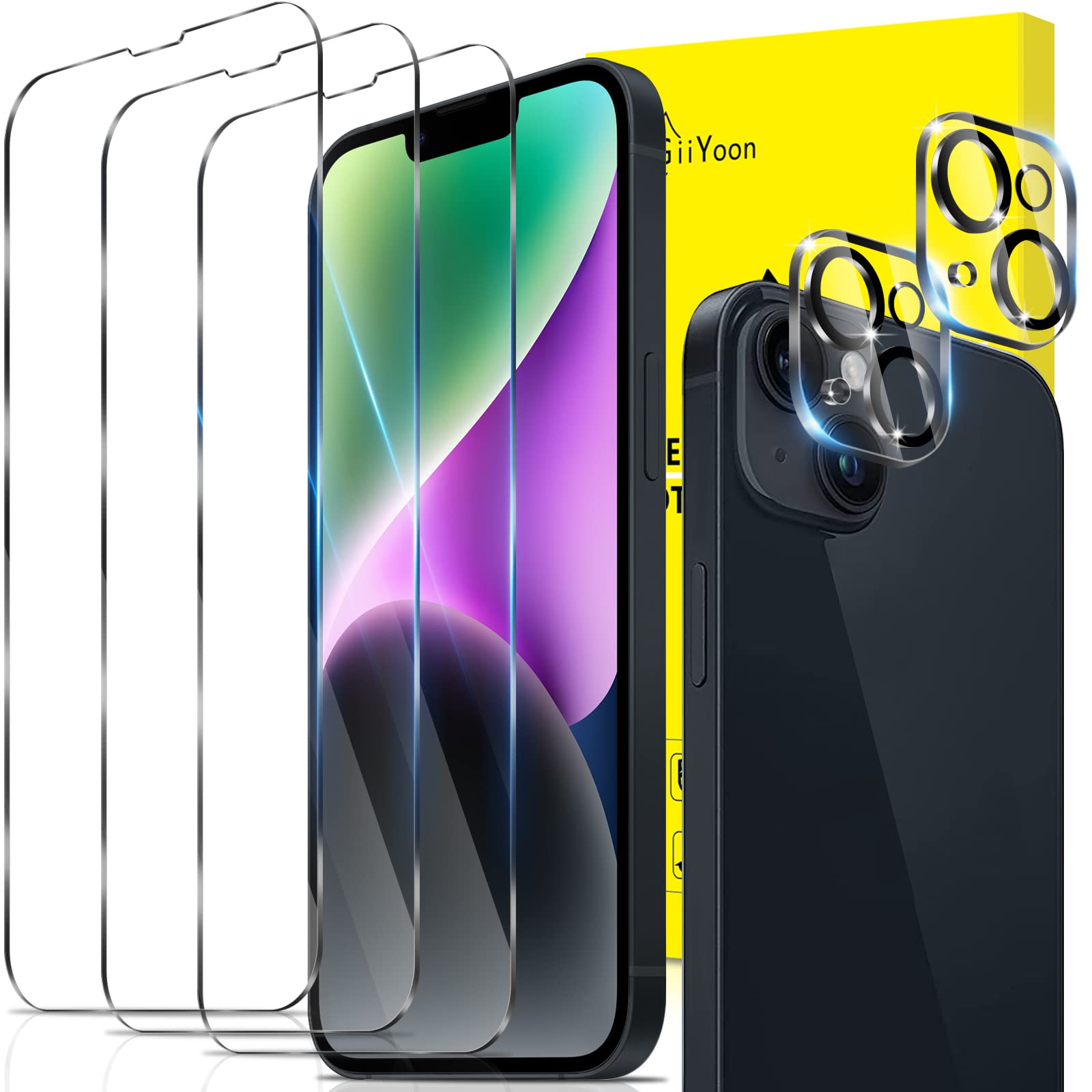 GiiYoon 2+3 Pack Screen Protector for iPhone 14 Plus, 3 Tempered Glass Film and 2 Camera Lens Protectors, HD Clear — image 1