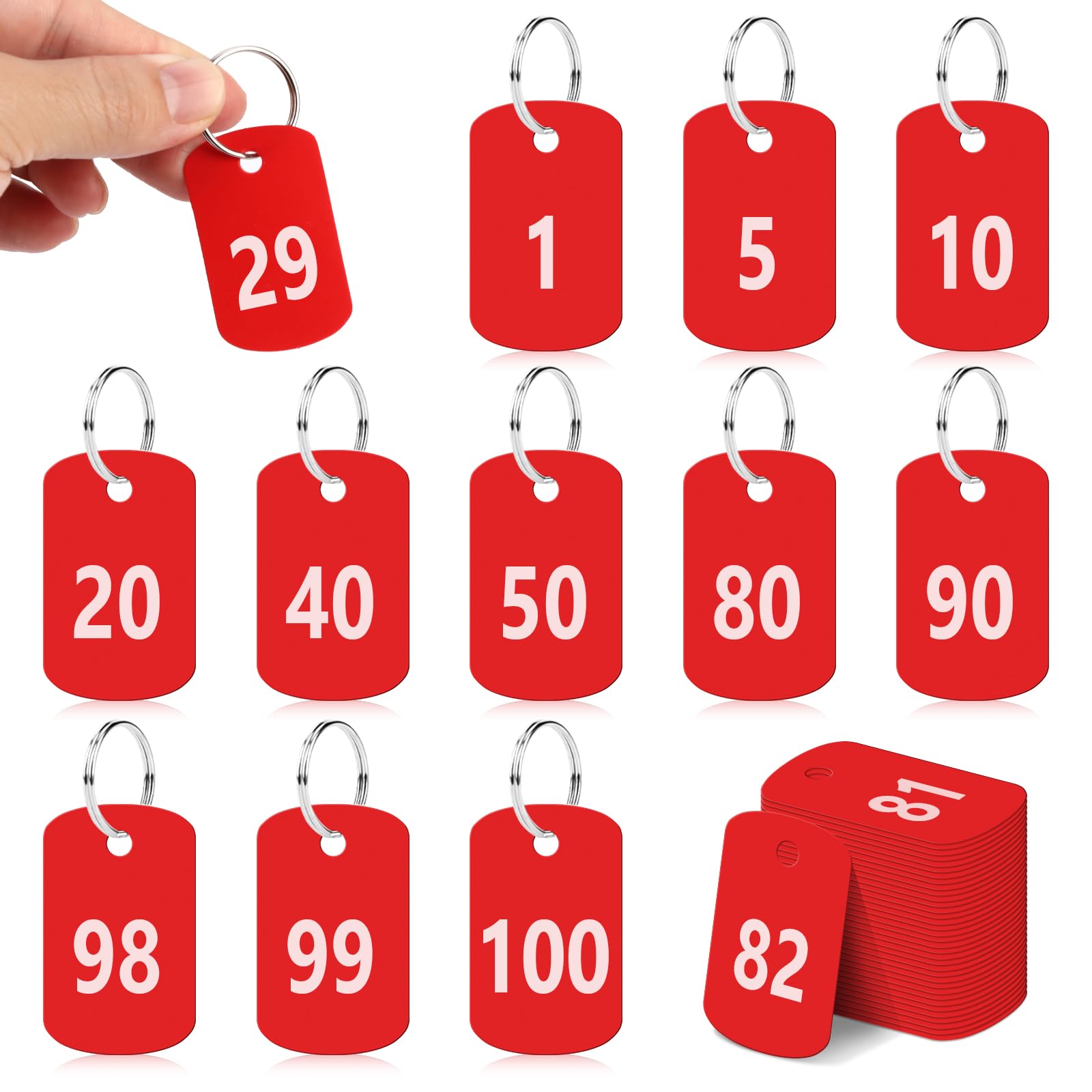 Photo 1 of 100 PCS Plastic Number Tags with Rings 1-100 Red Number ID Tags Waterproof Key Ring Tags Number Keychains Rectangular Luggage Tags with Numbers for House Lockers Dormitory Keys