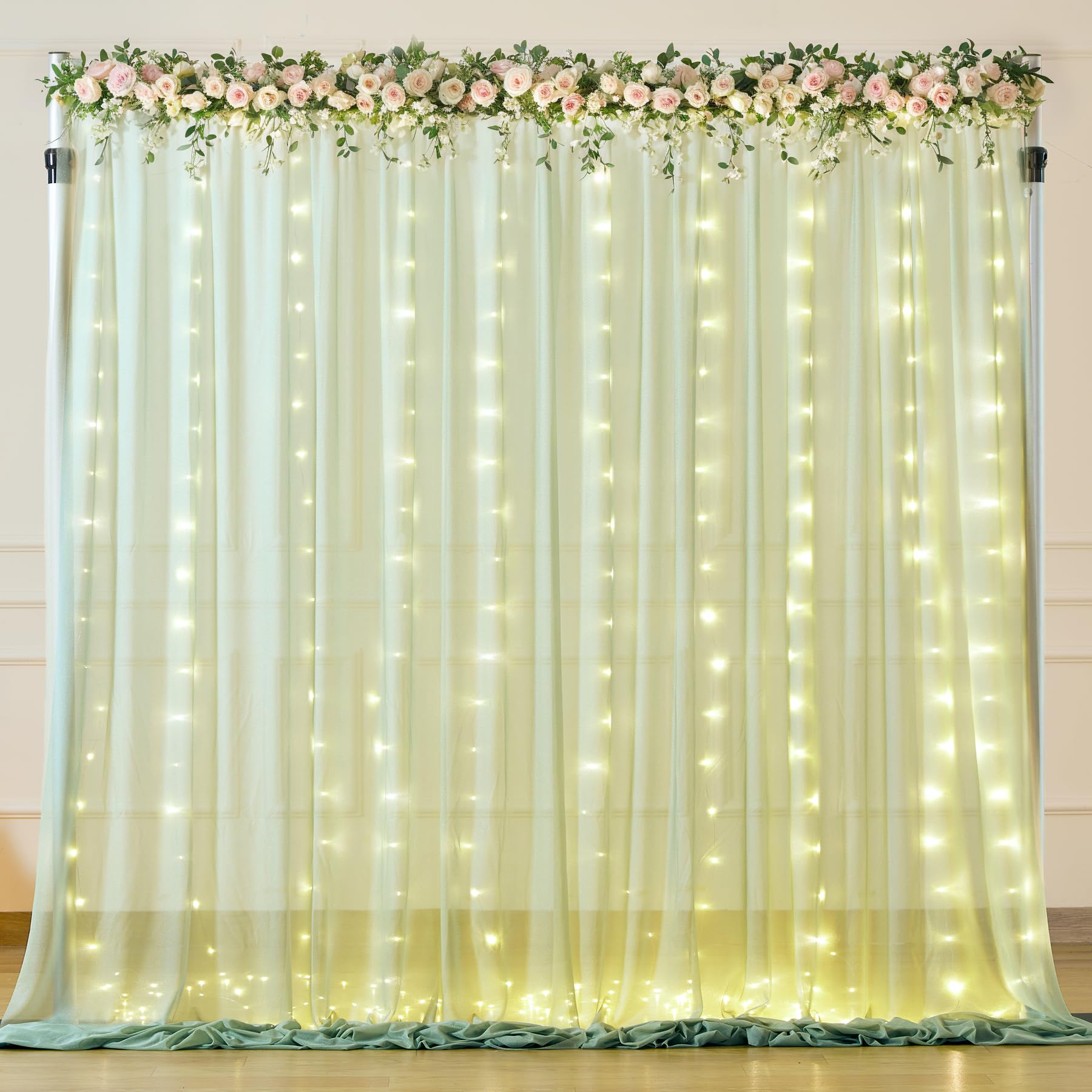 Photo 1 of 10x10ft Sage Green Backdrop Curtain with Lights String for Wedding, Wrinkle Free Tulle Backdrop Curtain for Baby Shower, Sheer Curtain with Lights for Birthday Party (5 x 10ft,2 Panels)