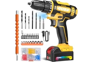 OUBA Cordless Drill Set, 12.8V Lithium Lon Power Drill Cordless with Battery and Charger, 2 Variable Speeds, 3/8" Keyless Chuck, 25+3 Torque Setting, Built-In LED, Electric Drills for Home (Yellow)