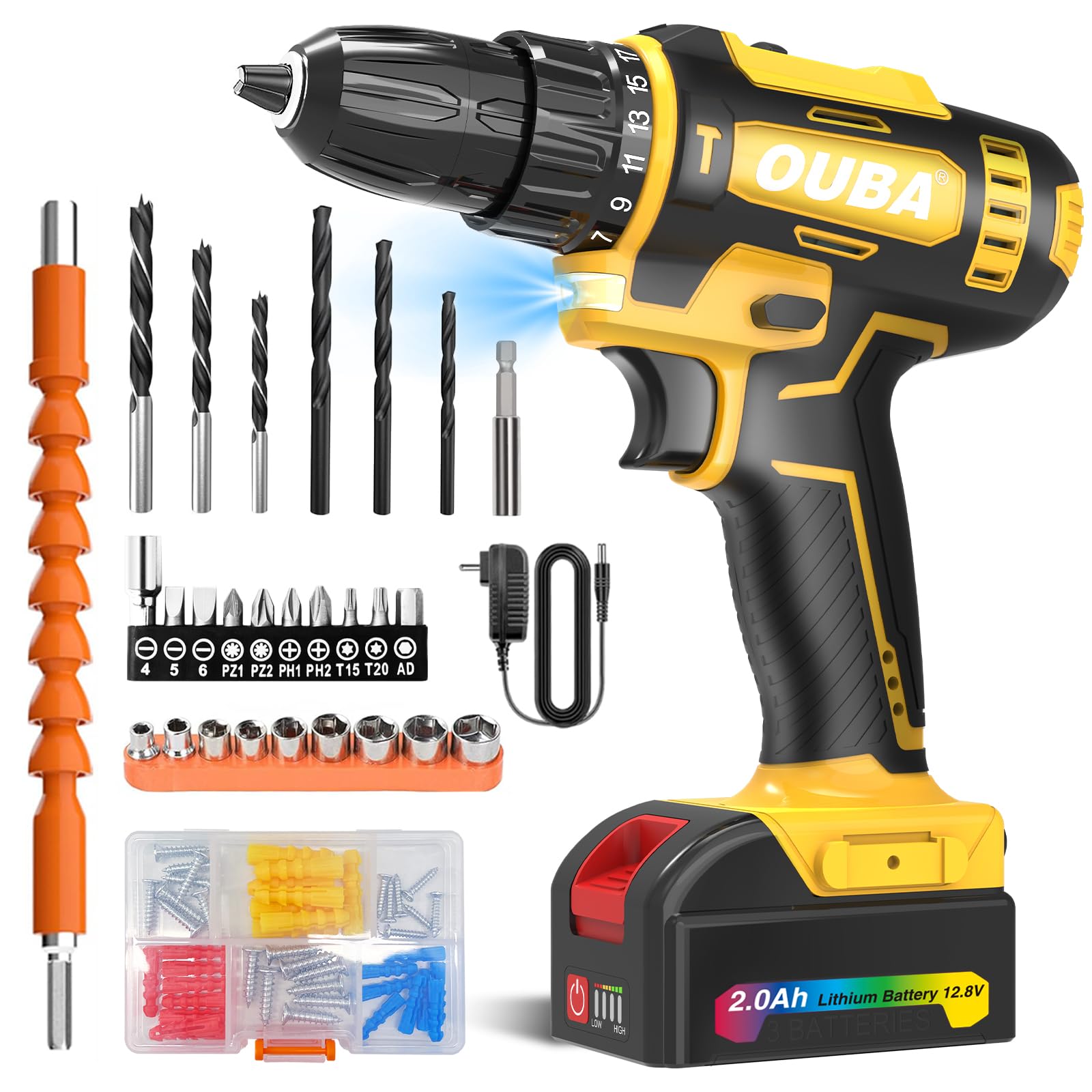 OUBA Cordless Drill Set, 12.8V Lithium Lon Power Drill Cordless with Battery and Charger, 2 Variable Speeds, 3/8