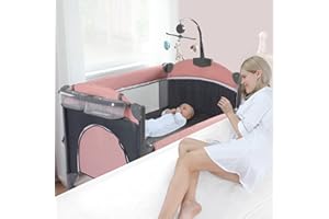 Jaoul 5 in 1 Baby Crib, Baby Bassinet Beside Sleeper, Pack and Play with Bassinet and Changing Table Portable Travel Baby Playpen with Toys & Music Box, Mattress for Girl Boy Infant Newborn Pink