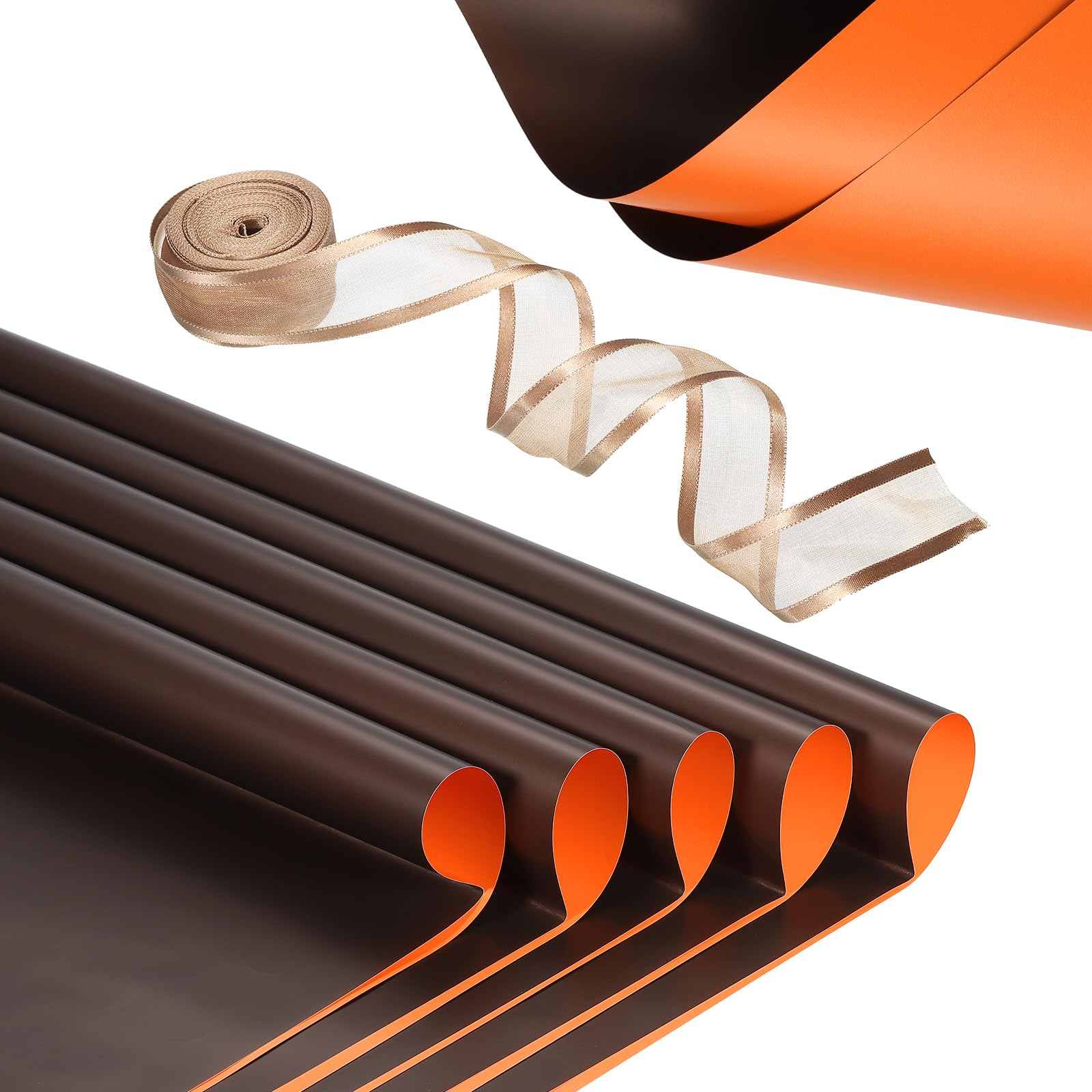 PATIKIL 20 Sheets Flower Wrapping Paper, Waterproof Flower Paper Wraps with Ribbon Floral Bouquet Supplies for DIY Crafts Packaging Bouquet, 22.8x22.8 Inch, Orange/Brown