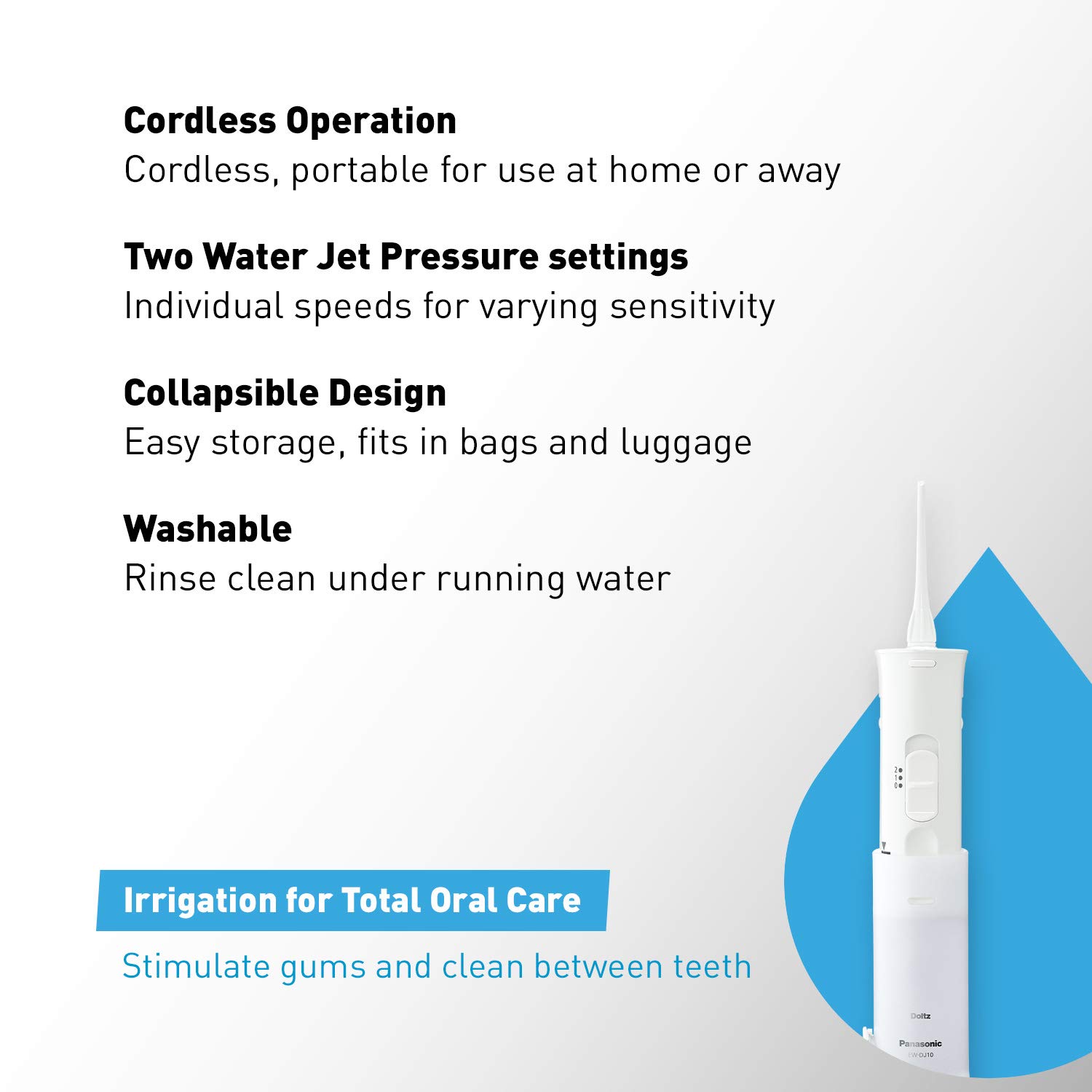 Panasonic DJ10-W Cordless Dental Water Flosser, Dual-speed Pulse Oral Irrigator, Collapsible, Design For Travel, EW-DJ10-W: Beauty