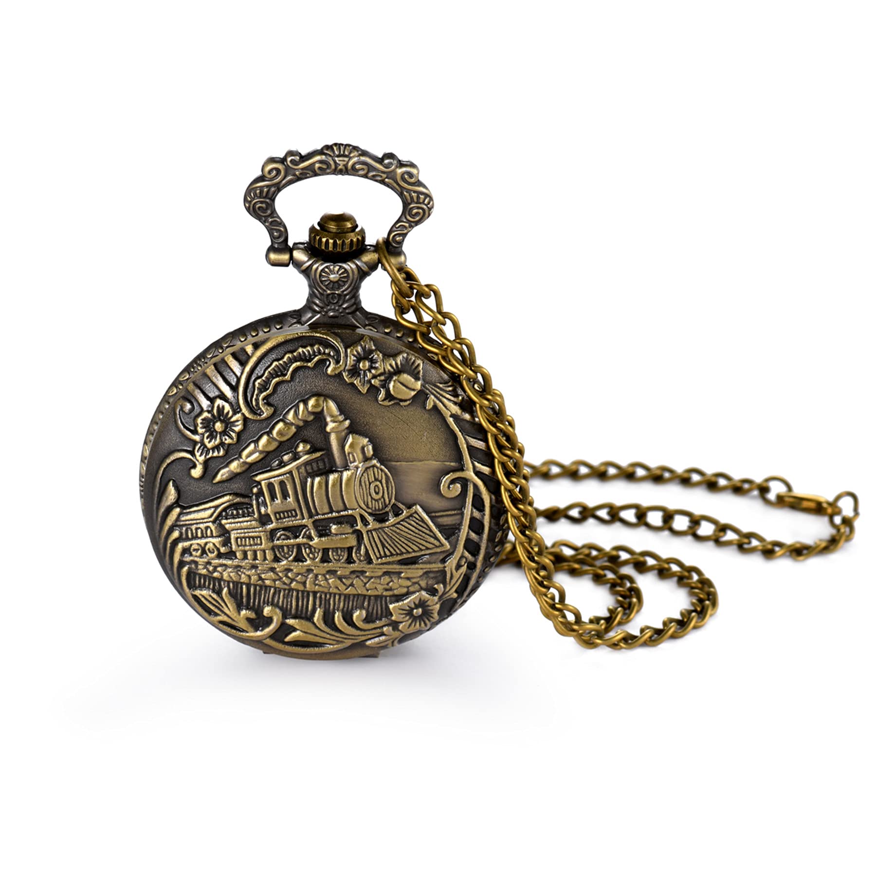 JewelryWe Men Women Pocket Watch Vintage Watch Necklace Bronze Pendant Watch with Chain