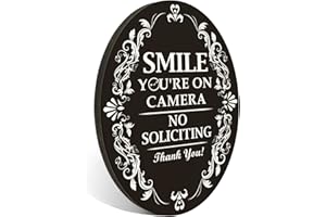 FTONENI No Soliciting Thank You Sign for Door, Smile You're On Camera Sign, No Soliciting Decorative Door Sign, for Indoor/Outdoor Home or Business Use, 4" x 5" (with Strong Adhesive Tape) - PMB001 Black