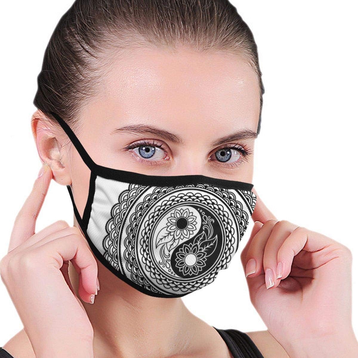 Comfortable Windproof mask,Asian Yin Yang Symbol With Flowers Tattoo Style Mandala Illustration,Printed Facial decorations for Women and Men
