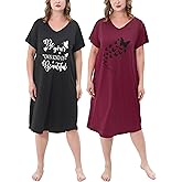 FEREMO 2 Pack Plus Size Nightgown for Women Casual V Neck Nightshirts Print Short Sleeve Sleepwear