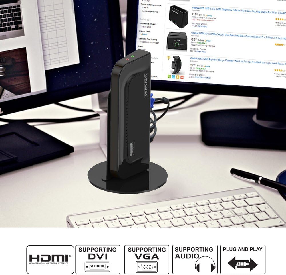 WAVLINK USB 3.0 / USB C Universal Dual Display Docking Station Support HDMI and DVI/VGA/HDMI with 6 USB Ports,Gigabit Ethernet and Audio Jack for Windows and Mac - Image 3