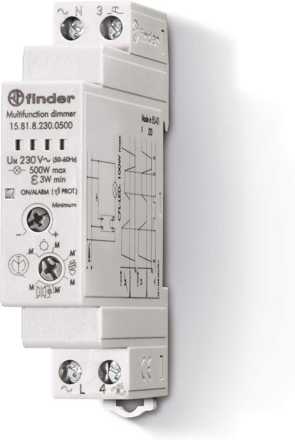 Finder 158182300500PAS Dimmer, Modular, Rail Mounting, 35 mm, 500 W, 230 VAC, Grey