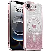 Lafunda Magnetic for iPhone 16e Case Glitter, Cute Love Heart Plating Luxury Sparkle Bling Clear Cover for Women Girls Slim Silicone Camera Protection Shockproof Phone Case for iPhone 16e, Pink