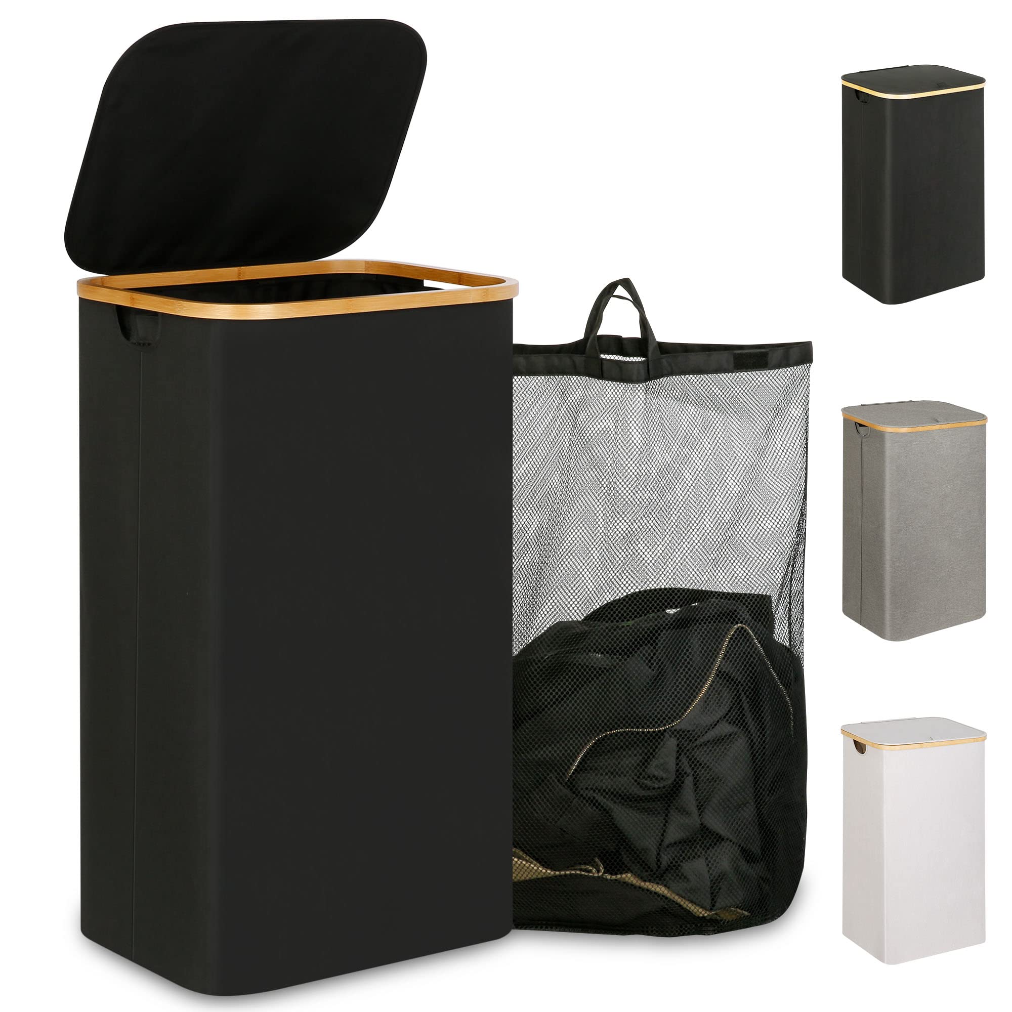 iEGrow 110L laundry Basket with Lid, Large laundry Hamper with Removable and Washable Inner Bag, Tall Washing Baskets for Laundry with Bamboo Handles (Black)