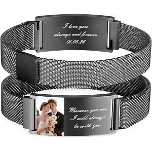 FIAEKIOEOR Personalized Photo Bracelet for Men Women Custom Engraved Stainless Steel Adjustable Wristband 5.9-9.5 Inch Gift f