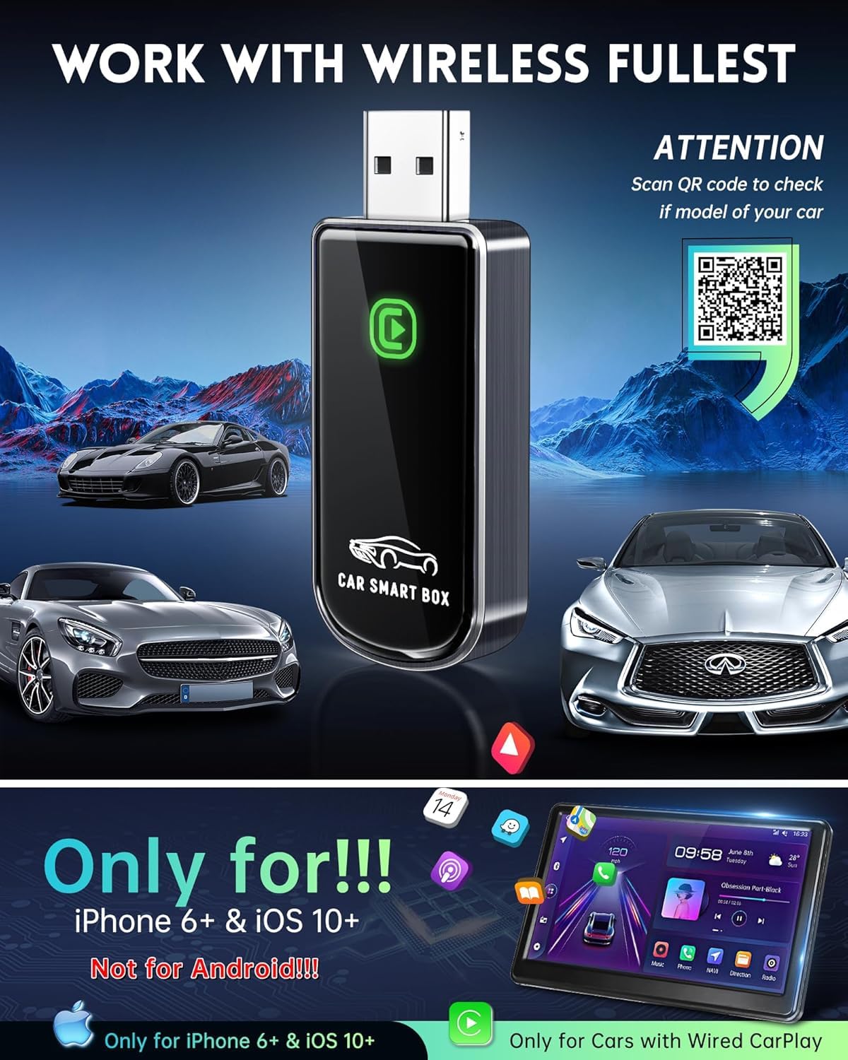 Amzfeel Wireless CarPlay Adapter for Apple iPhone iOS 10+ & Cars from 2015+, Mini Edition, Converts Factory Wired to Wireless CarPlay Dongle Plug & Play (Brushed Cobalt Blue)