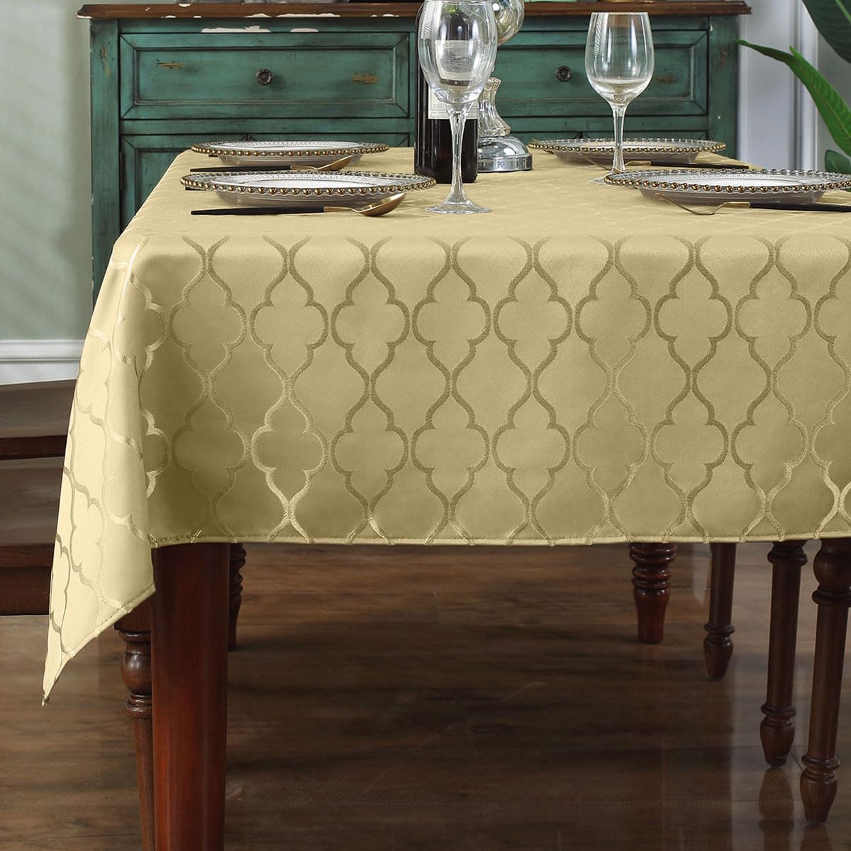 Photo 1 of (BAGGED) Jacquard Tablecloth Flower Pattern Polyester Table Cloth Spill Proof Dust-Proof Table Cover for Kitchen Dining Tabletop Decoration (Rectangle, 60" x 120" (10-12 Seats), Gold)