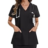 VECARDI Women's Scrub Top Short Sleeve Medical Shirts Stretchy Soft Nurse Uniform V Neck Top Tee With 3 Pockets