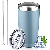 GUDEMAO 20 oz Tumbler with Lids and Straws, Stainless Steel Insulated Coffee Tumbler, Double Wall Vacuum Insulated Travel Mug Cup, Leakproof Thermal Coffee Cup for Hot and Cold Drinks (azure blue)