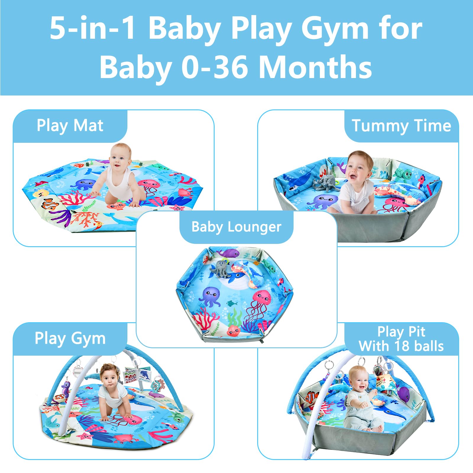 TFDER Baby Gym Play Mat, 8-in-1 Tummy Time Mat & Activity Gym, Washable Ball Pit, Infant Play Mat with Detachable Toys for Sensory Exploration and Motor Skill Development