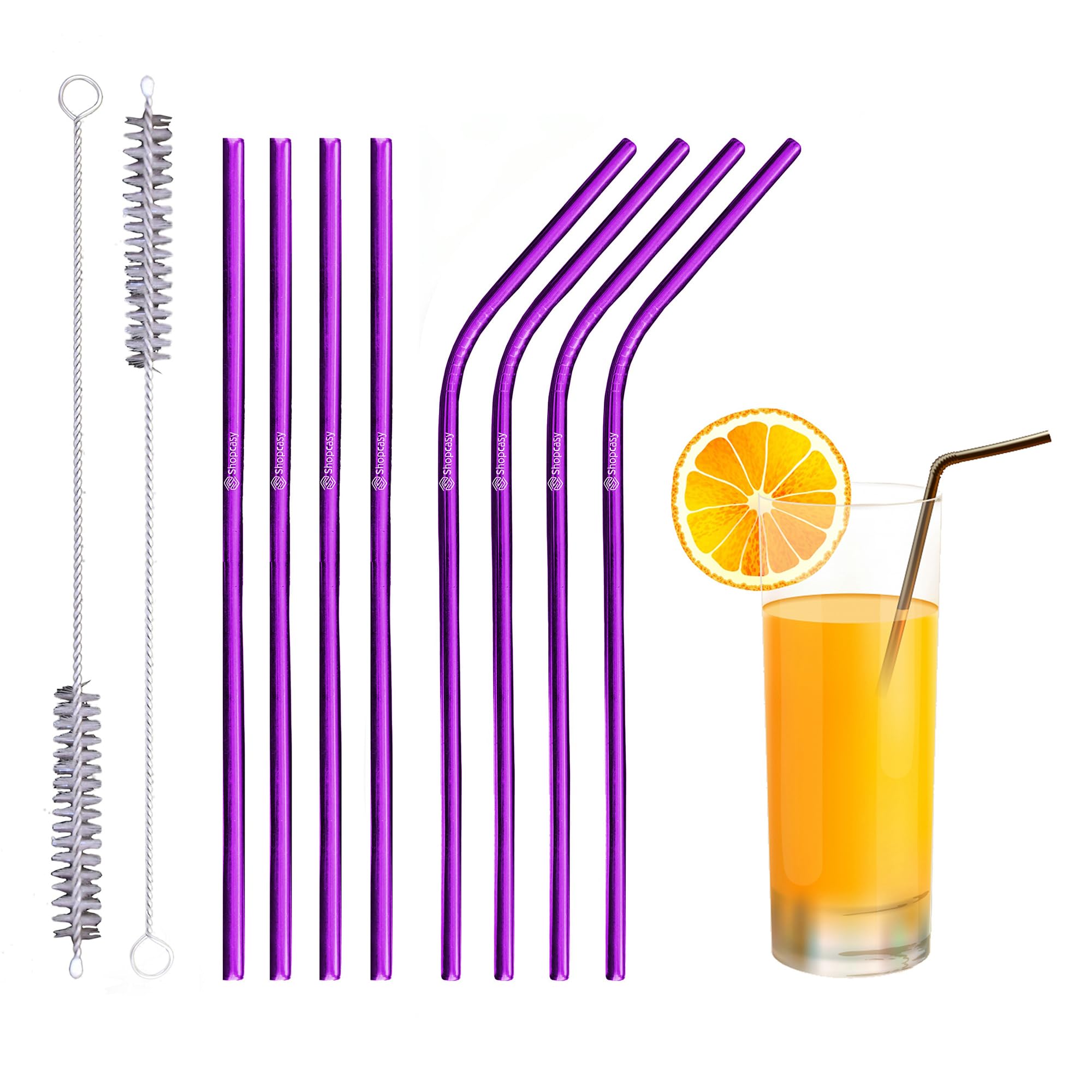 Set of 10 Reusable Metal Straws Drinking, 216mm Eco-Friendly Stainless Steel Drinking Straws for Cocktail, Milkshake, Cold/Hot Drinks (4 Straight + 4 Bent + 2 Cleaners) BPA Free (Purple)