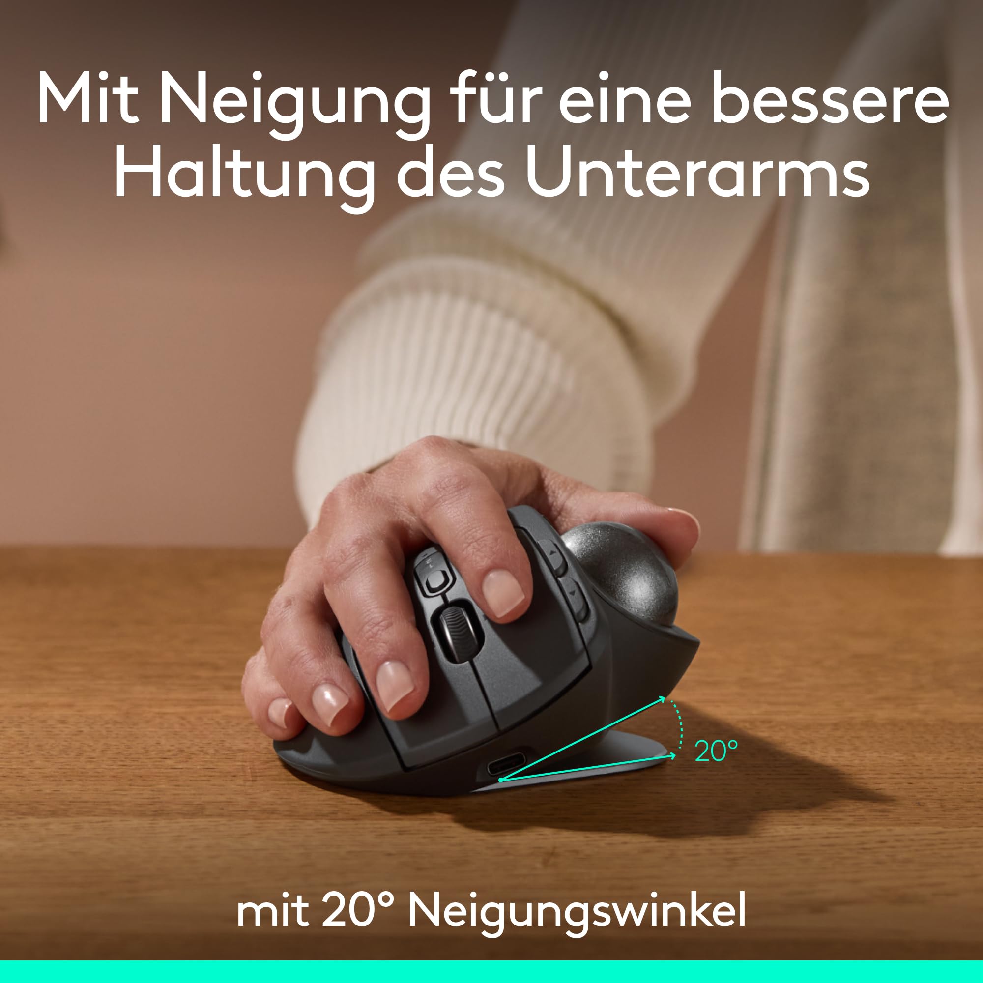 Logitech MX Ergo S Advanced kabellose Trackball-Maus, über USB-C wiederaufladbare kabellose ergonomische Maus mit Bluetooth und verschlüsseltem Dongle, 6 programmierbare Tasten, für PC/Mac - Graphit 3