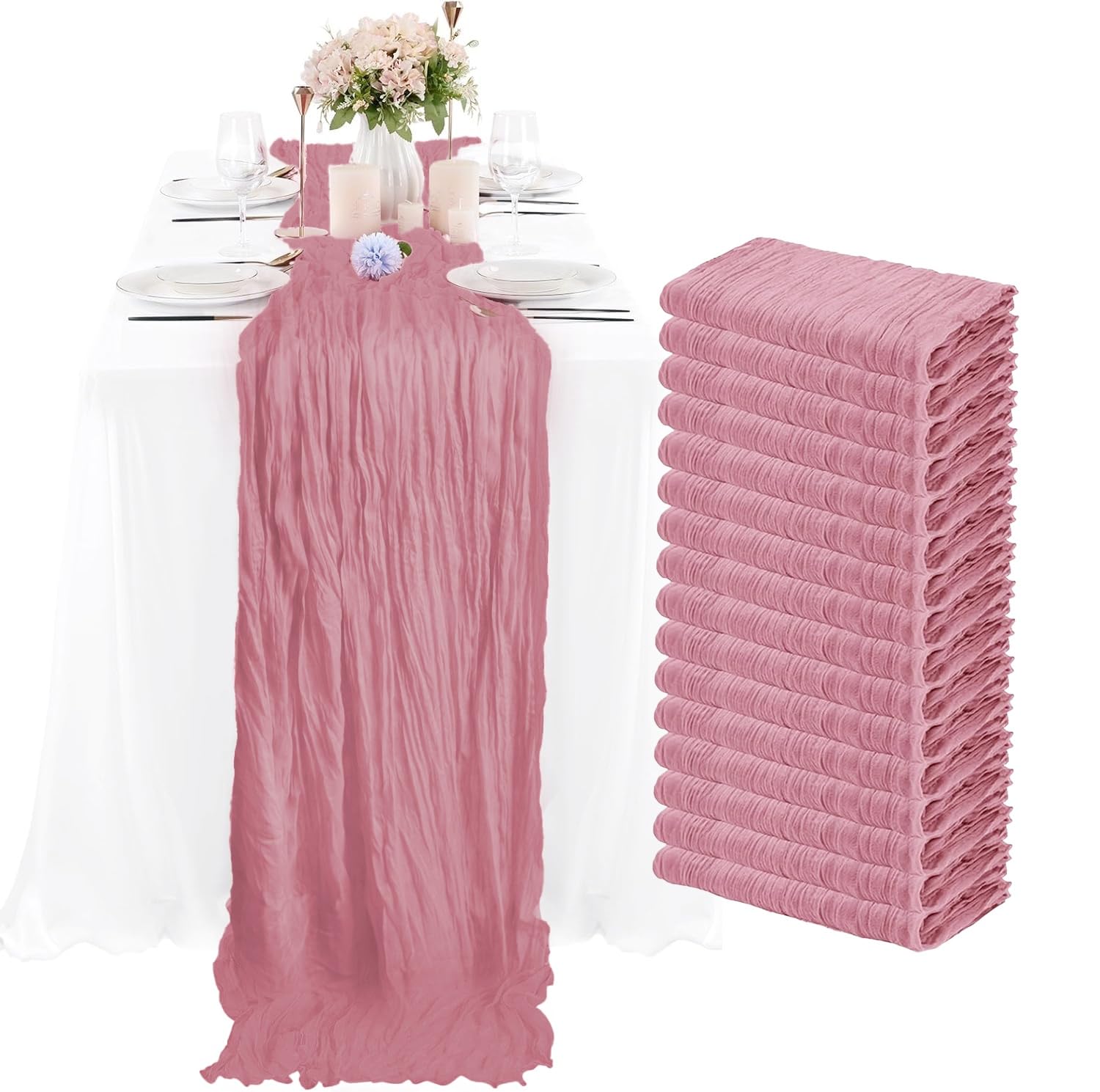 Photo 1 of 16 Pack Dusty Pink Cheesecloth Table Runner 35x120 Inch Pink Cheese Cloth Table Runner 10ft Long Boho Gauze Table Runners for Wedding Bridal Shower Birthday Party Decoration