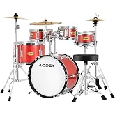 AODSK Red 5-Piece Drum Kit With Adjustable Throne,Cymbal, Hi-Hat, Pedal | 14 inch Poplar wood shells,chrome hardware &amp; brass cymbals for Beginners.Great for home school, gifts.
