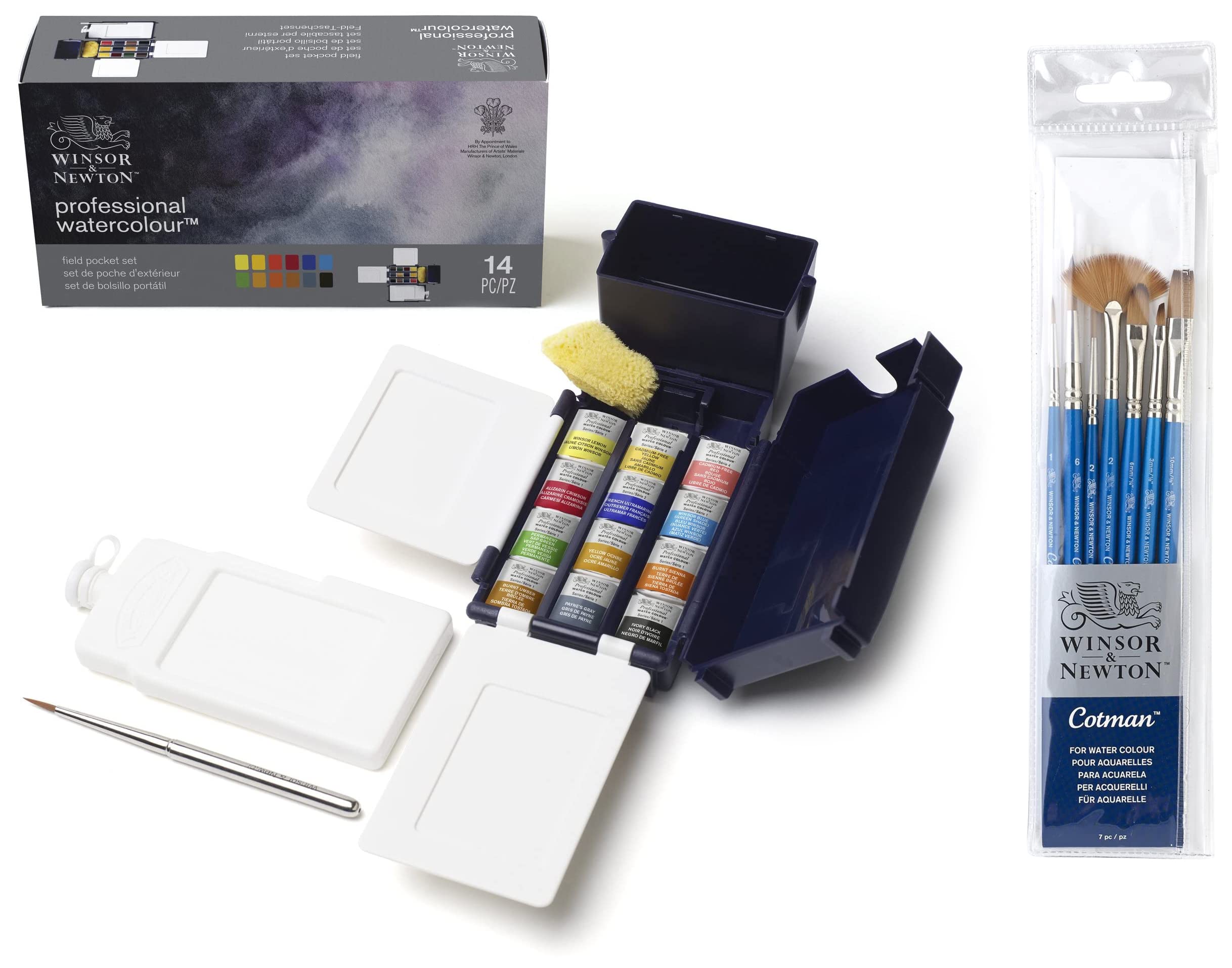 Winsor & Newton 190685 Artist's Water Colour Field Box Drawing Set with Half Pan - Pack of 12 & Cotman Brush Short Handle Set, Pack of 7