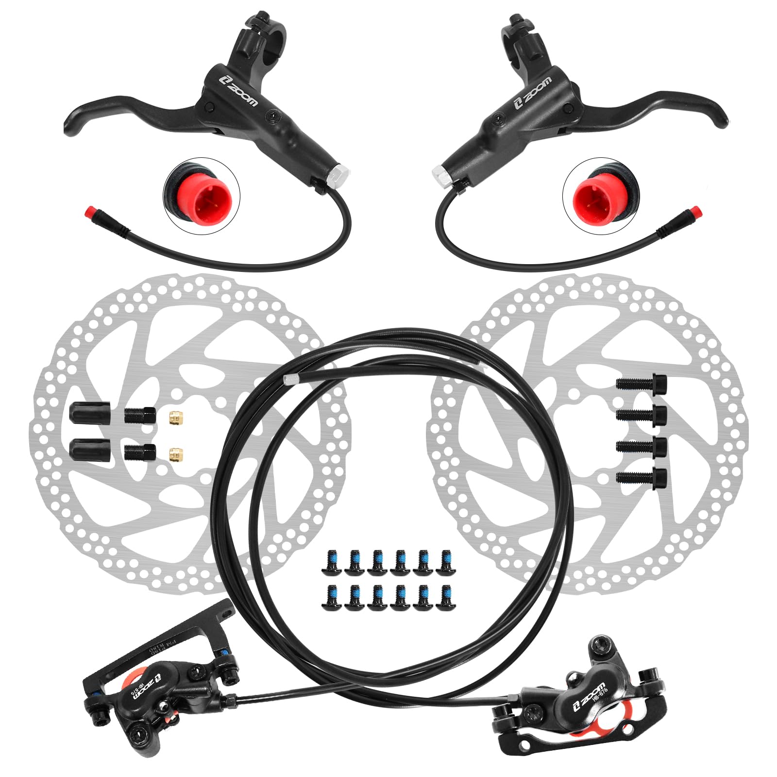 Photo 1 of Z00M HB876E 2-PIN 4-Pistons E-Bike Electric Power-Off Hydraulic Brake Set with 160mm Rotors, Pre-Bled with Mineral Oil Brakes Kit for eBike, Mountain Bike, Road Bike