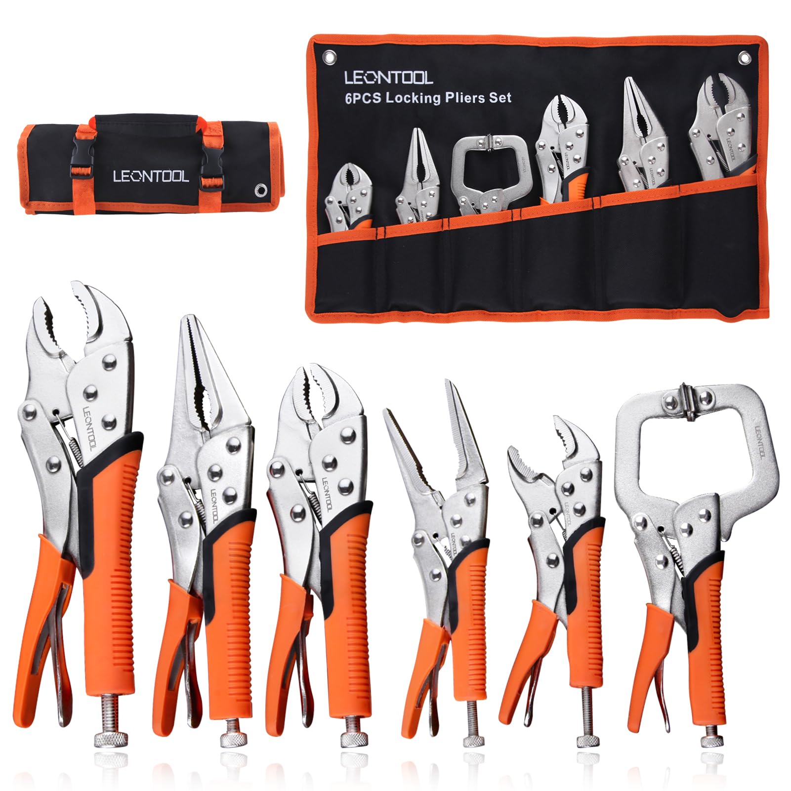 LEONTOOL 6-Piece Locking Pliers Set, Vice Grips Pliers Set, 5", 7" and 10" Curved Jaw Locking Pliers, 6-1/2", 9-1/2" Long Nose Locking Pliers 6" Locking C-Clamp for Welding Metal Bending Woodworking