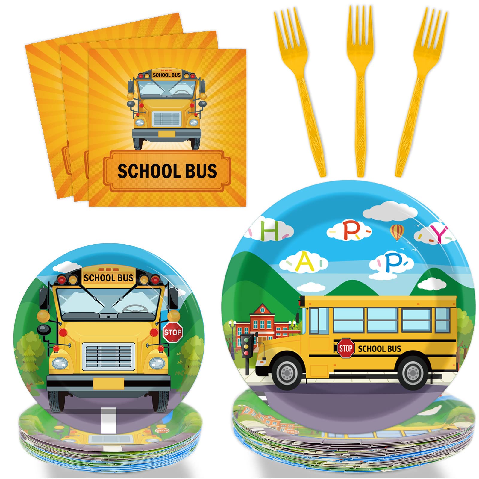 Photo 1 of gisgfim 96 Pcs School Bus Party Plates and Napkins Party Supplies Back to School Birthday Party Tableware Set School Bus Decorations Favors for Birthday Baby Shower for 24 Guests