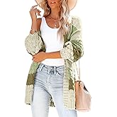 Womens Long Sleeve Color Block Cardigan Striped Open Front Chunky Knit Slouchy Sweaters Outwear Coats