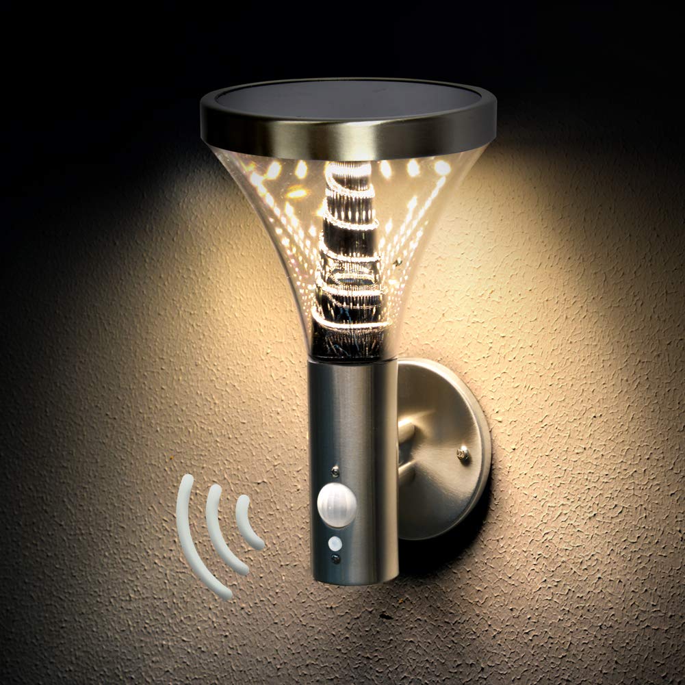 BRIMMEL SG601071 LED Solar LED Outdoor Light with Motion Sensor Wireless Waterproof Wall Lantern for Patio, Porch 3000 K 600 Lumen Warm White IP44, Stainless Steel