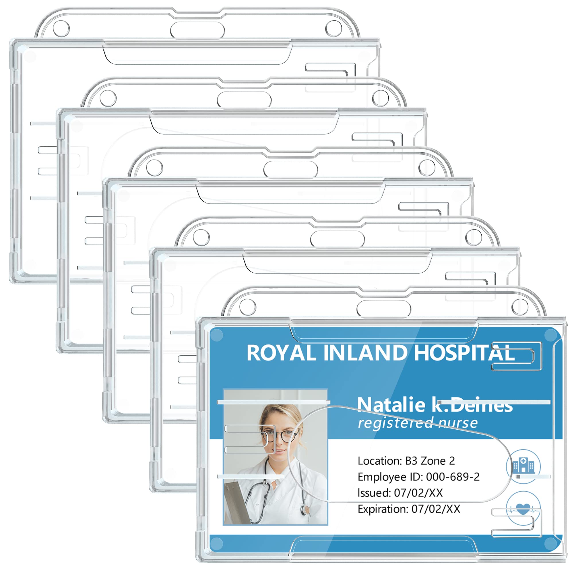Teskyer 5 Pack ID Card Holders, Card Holder for Lanyard, ID Badge Holder, Transparent, Rigid, Plastic, for Office, Bus, Passes, Horizontal