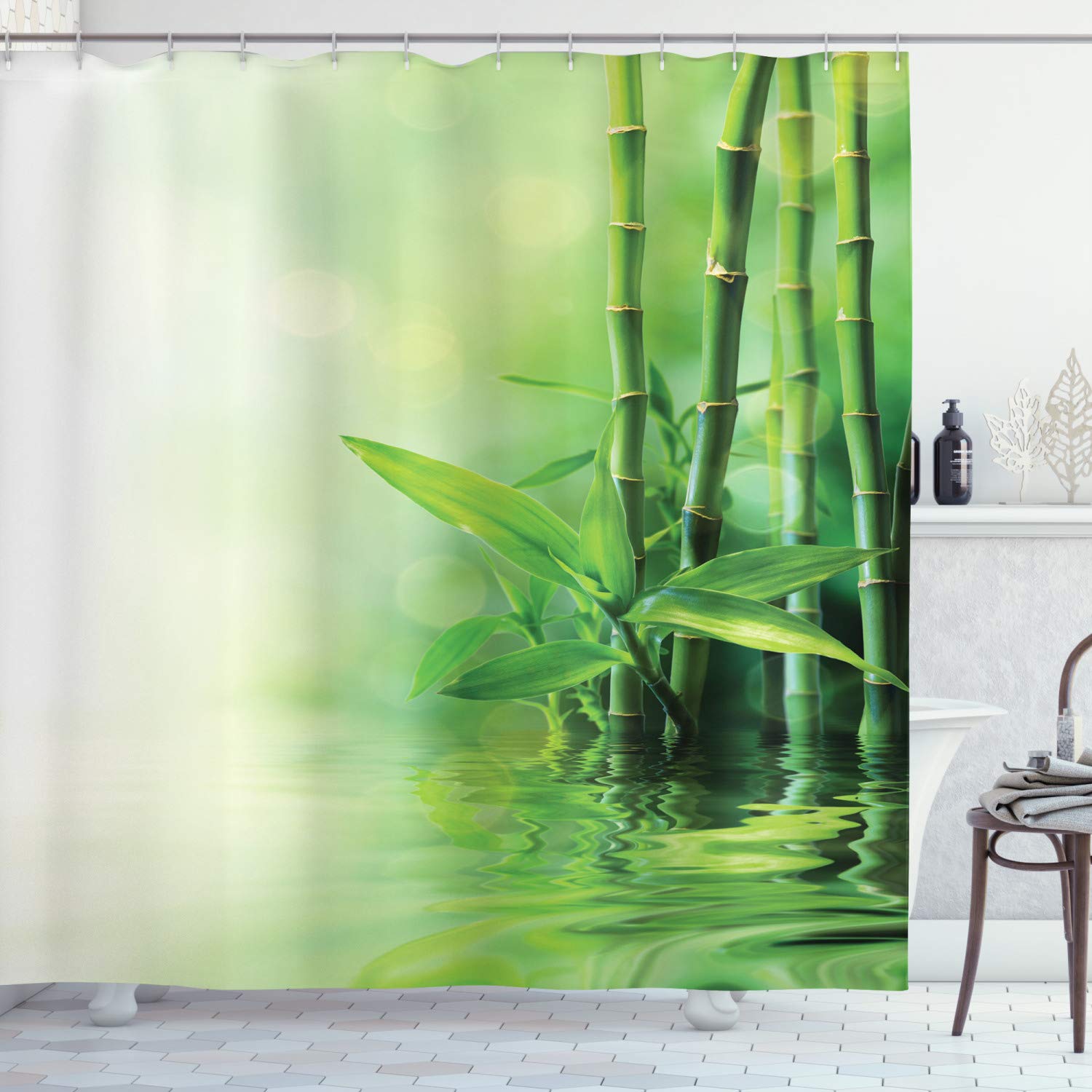 ABAKUHAUS Asian Shower Curtain, Bamboo Stalks Reflection on Water Blurs Freshness Japanese Nature Spa, Cloth Fabric Bathroom Decor Set with Hooks, 94 Inches, Green Pale Yellow — image 1