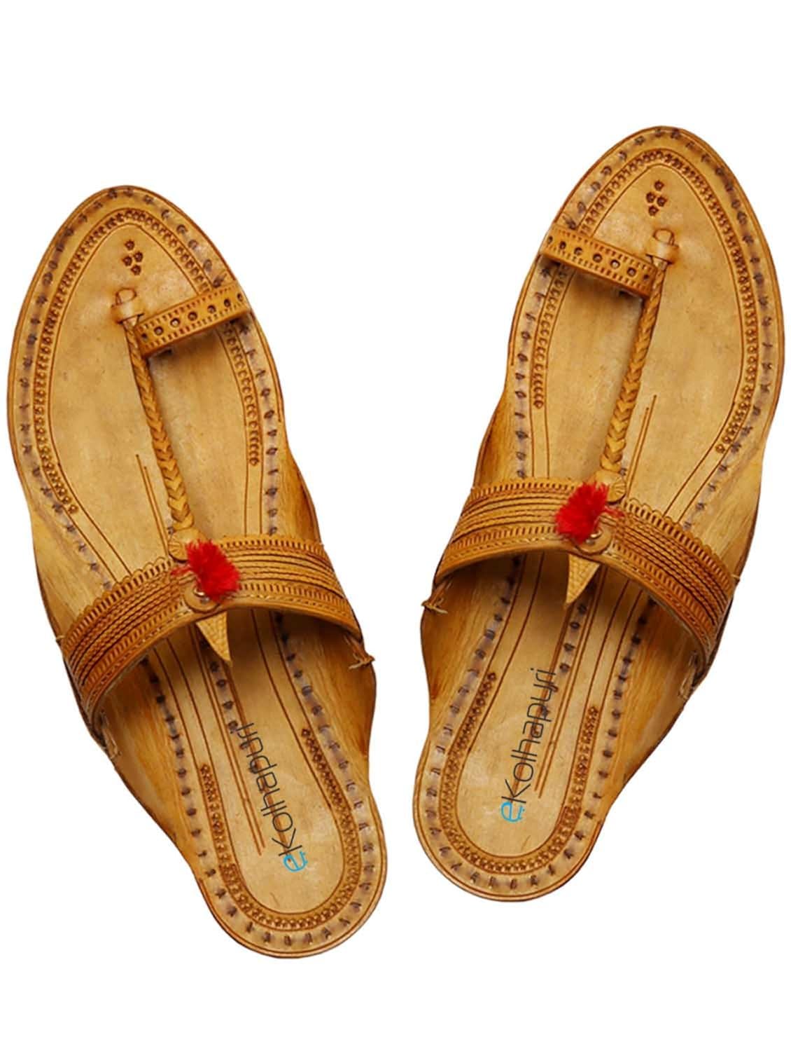 ekolhapuri handmade authentic genuine leather light yellow typical kolhapuri chappal with red gonda for women