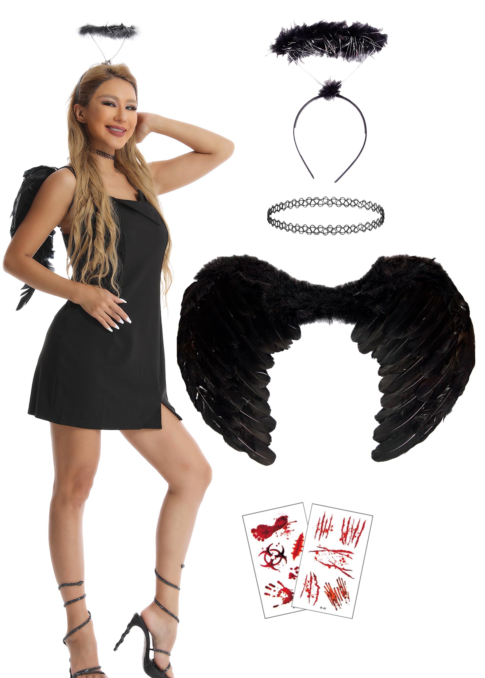 NMKL Black Angel Wings and Halo,Dark Fallen Angel Wings for Women Kid Halloween Costumes Dress Up Theme Party