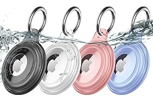 MOZOTER 4 Pack IPX8 Waterproof AirTag Keychain Holder Case, Lightweight, Anti-Scratch, Easy Installation,Soft Full-Body Shockproof Air Tag Holder for Luggage,Keys, Dog Collar (Black+Clear+Blue+Pink)