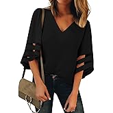 luvamia Women's Casual V Neck Blouse 3/4 Bell Sleeve Mesh Panel Shirts Loose Top