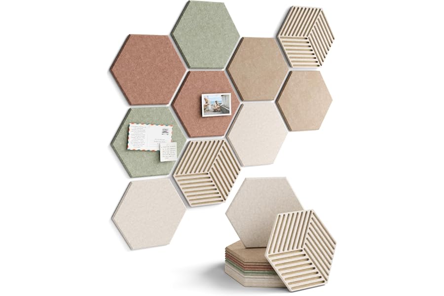 Fluxynara 10-Pack Hexagon Cork Board Alternative, Boho | Felt Bulletin Board with 50 Adhesive Tabs, Ideal for Vision Boards and Wall Decor in Homes, Offices, Classrooms, and Dorms